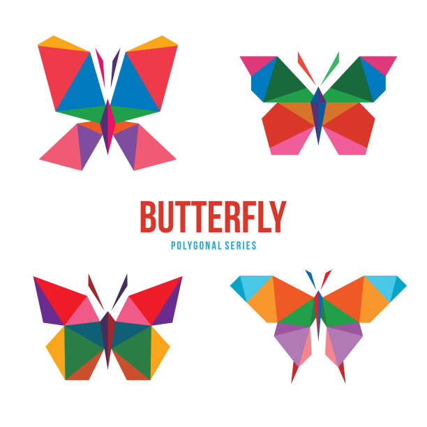 ilustrações, clipart, desenhos animados e ícones de animal baixo conjunto poli - butterfly net