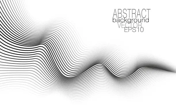 Vector illustration of Monochrome wave concept. Black, gray, white undulating curves. Technology background. Line art pattern. Vector graphic design. Abstract template for business card, catalog cover, brochure, leaflet, flyer, poster, banner. EPS10 illustration