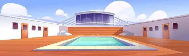 Vector illustration of Swimming pool on cruise liner, empty ship deck