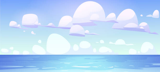 meereslandschaft mit ruhiger wasseroberfläche und wolken - lake coastline blue nautical vessel stock-grafiken, -clipart, -cartoons und -symbole