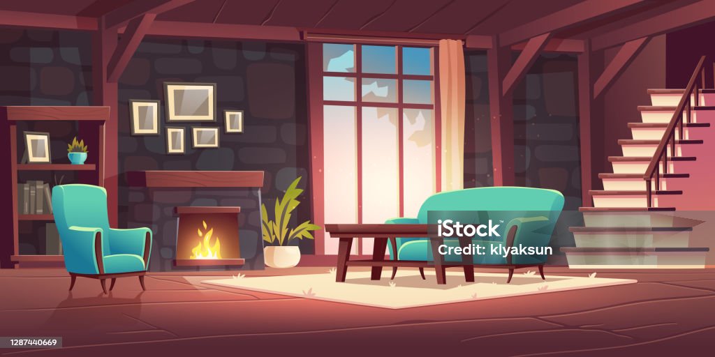 Luxury Old Living Room Interior With Fireplace Stock Illustration -  Download Image Now - Painting - Art Product, Staircase, Fire - Natural  Phenomenon - iStock
