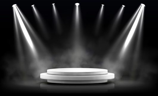 Round podium, empty stage illuminated by spotlights. Vector realistic mockup of circular platform, white pedestal, projector beams and smoke on black background. Round stand in showroom