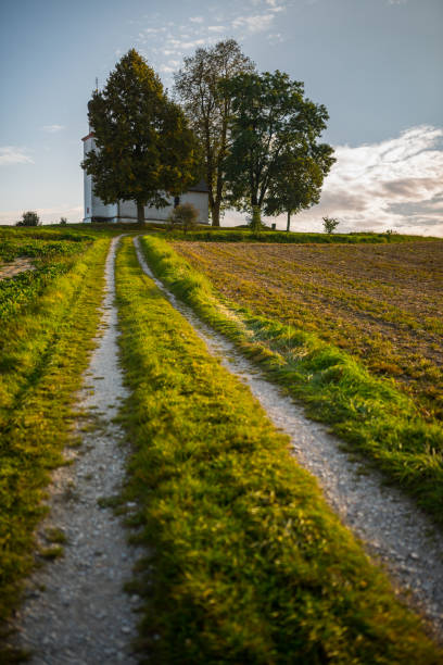Field path leading to small chapel on a hill hidden behind old trees and harvested empty fields near Langquaid in lower Bavaria, Germany