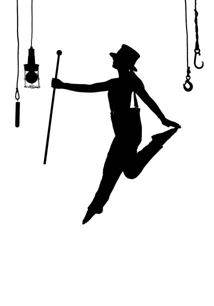 A female dancer dances on stage. Dressed in men's \nclothing and wearing a man's top hat, she is seen leaping \nin mid air as a silhouette.
