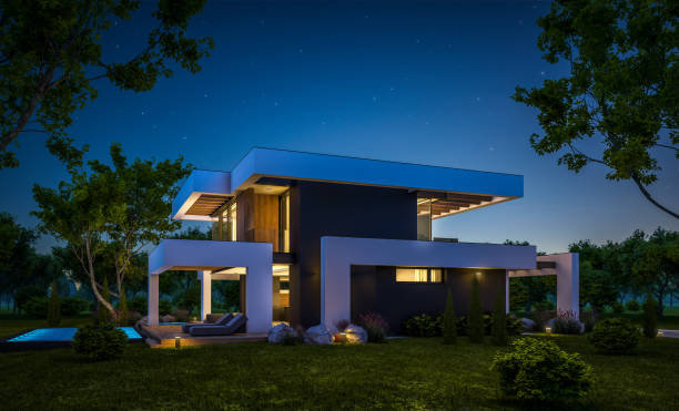 istock 3d rendering of modern house in luxurious style in night 1287443430