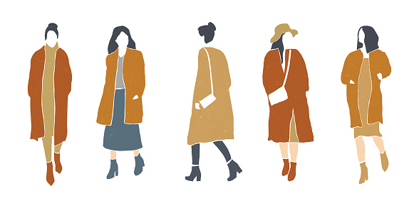 Set of flat minimalistic fashion woman silhouette. Autumn,winter or spring concept. Natural texture. Print for poster, card. Vector.