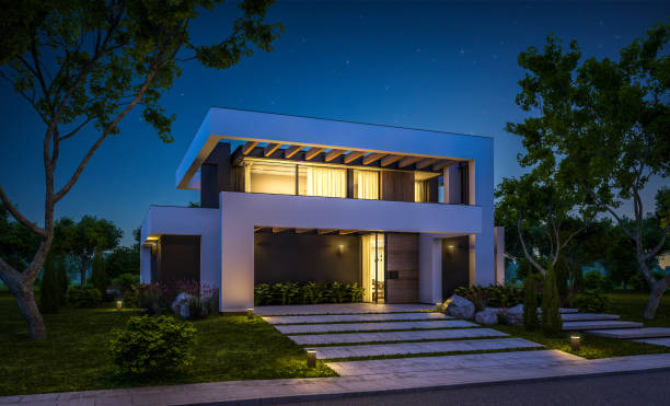 istock 3d rendering of modern house in luxurious style in night 1287443485
