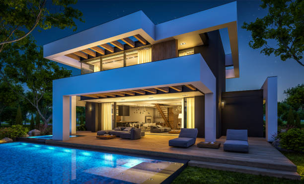istock 3d rendering of modern house in luxurious style in night 1287443486