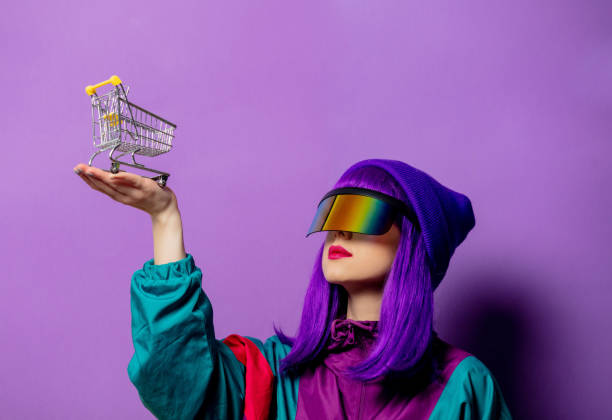 Style woman in VR glasses and 80s tracksuit with shopping cart o stock photo