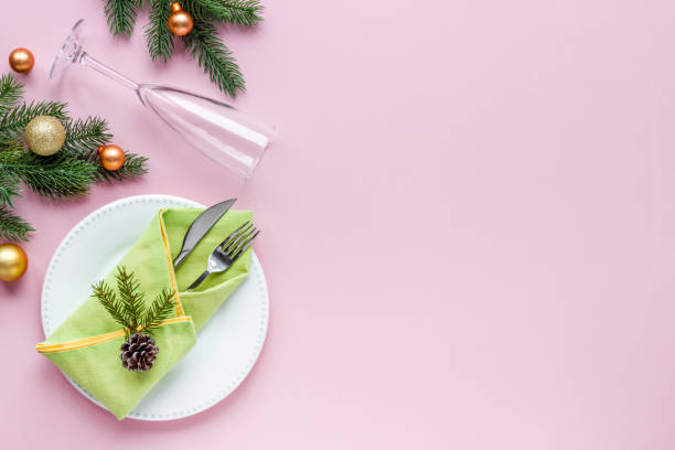 istock Christmas dinner concept with empty plate and glasses. Top view, flat lay 1287448690