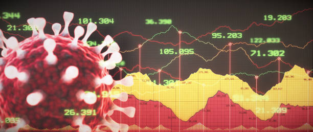 istock Abstract red COVID-19 virus cell in front of complex financial report line graph data with green numbers. 1287453941