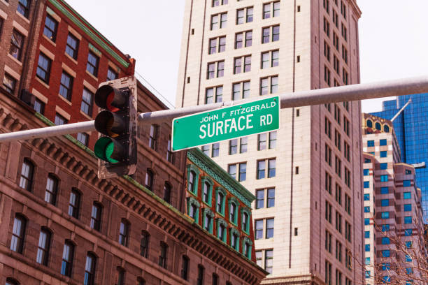 istock Traffic light surface street sign and in Boston 1287454710