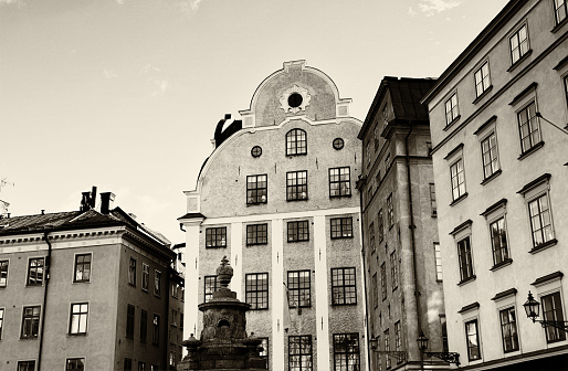 Stortorget square in Old town, Gamla Stan, Stockholm, Sweden. Sepia toned.