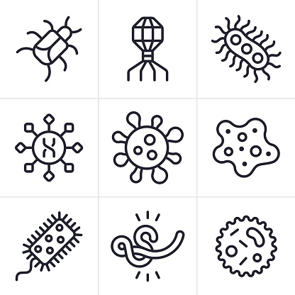 Virus disease bacteria illness sickness icons and symbols collection.