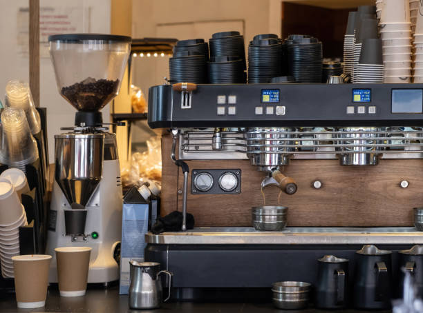 istock Coffee machine espresso preparation, professional equipment, takeaway service 1287458531