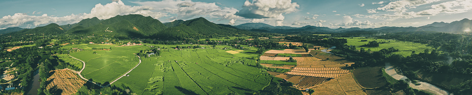 Aerial view of Pai rice terraces, river and mountain in Mae Hong Son, Chiang Mai, thailand, south east asia