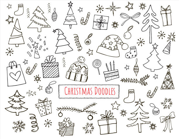 ilustraciones, imágenes clip art, dibujos animados e iconos de stock de lindo conjunto de iconos navideños dibujados a mano. decoración en estilo garód de - gift santa claus christmas present christmas