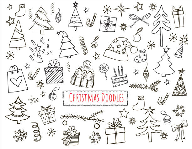 손으로 그린 크리스마스 아이콘의 귀여운 세트. 낙서 스타일의 장식 - christmas candle set bow stock illustrations