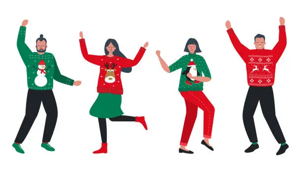 Vector illustration of Ugly Christmas Sweater Party. Young people in red and green Christmas sweaters are dance