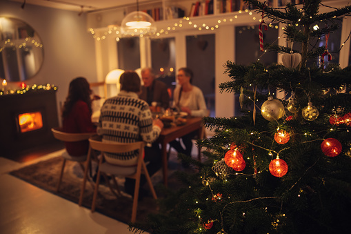 Interior shot of warm and cozy scandinavian home decorated for Christmas celebration. Focus on decorated Christmas tree with family sitting at dinner table having a Christmas eve dinner in background.