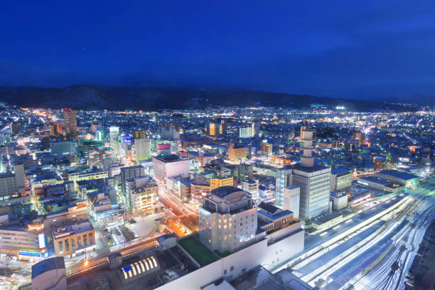 Yamagata, Japan downtown city skyline at twilight in winter.