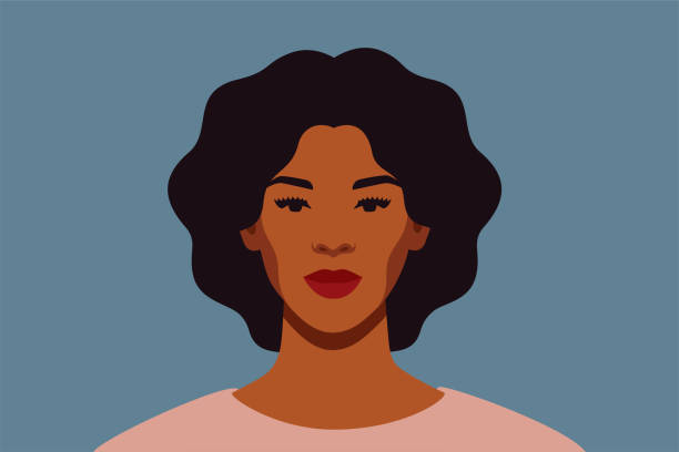 Strong Black woman with curly hair smiles and looks directly. Confident young woman with brown skin portrait front view on a blue background. Strong Black woman with curly hair smiles and looks directly. Confident young woman with brown skin portrait front view on a blue background. Vector illustration. latin american and hispanic ethnicity illustrations stock illustrations