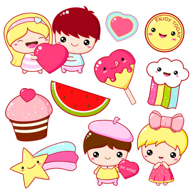 ilustrações de stock, clip art, desenhos animados e ícones de set of cute valentine's day icons in kawaii style - rainbow preschooler baby child