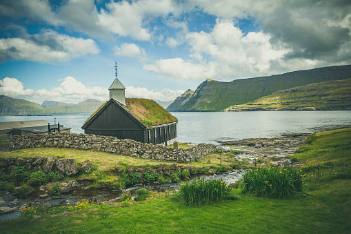 The church of Funningur village, Faroe Islands. Faroe Islands, Denmark, Nordic Countries, Europe