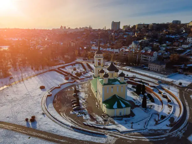 Evening Voronezh, aerial view. Admiralteiskaya square, Assumption Admiralty Church and monument of first Russian Linear ship Goto Predestination.