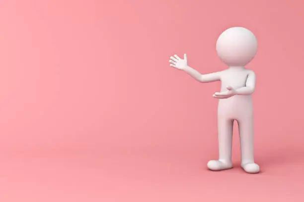 Photo of Minimal 3d white man presenting your product isolated on pink pastel color background with shadow