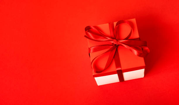 istock Gift box with a cones on a red background. Christmas background. Top view. Space for text. 1287468623