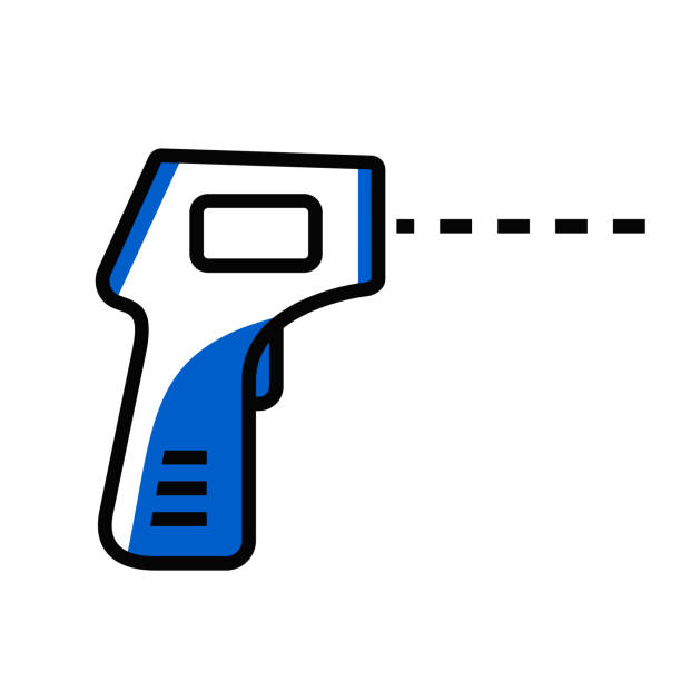 Digital non-contact infrared thermometer icon. Body temperature check. Digital non-contact infrared thermometer icon. Body temperature check. Vector illustration isolated on white background. taking temperature forehead stock illustrations