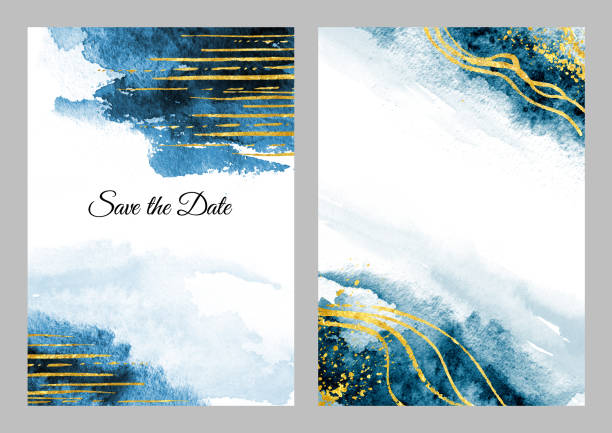 istock Dark blue with gold vertical background and template set for posters and Birthday, wedding, invitation, business cards. Hand drawn watercolor illustration 1287471061