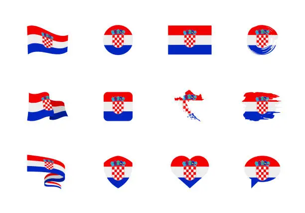 Vector illustration of Croatia flag - flat collection. Flags of different shaped twelve flat icons.