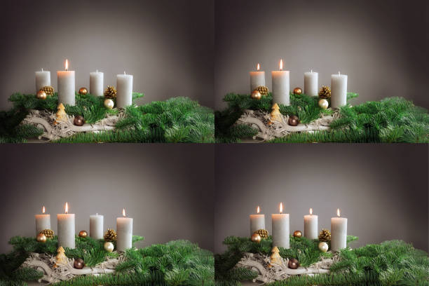 Four images 1st to 4th advent with festive arrangements of burning candles, fir tree branches and Christmas decoration, copy space Four images 1st to 4th advent with festive arrangements of burning candles, fir tree branches and Christmas decoration, copy space, selected focus, narrow depth of field advent candle wreath christmas stock pictures, royalty-free photos & images