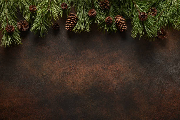 istock Christmas border with evergreen branches and cone. Xmas greeting card. View from above. 1287477176