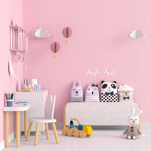 istock Pink child room interior for mockup, 3D rendering 1287477973