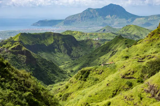Mountainous green Santiago Island landscape in rain season - Cape Verde