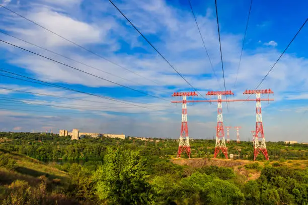 High voltage power line across the Dnieper river on Khortytsia island in Zaporizhia, Ukraine