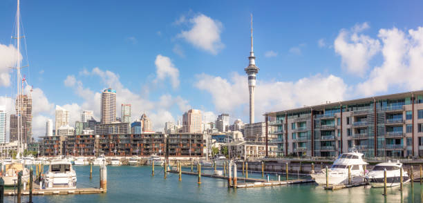 A view of Auckland's Sky Tower and downtown skyline from the Viaduct Marina.