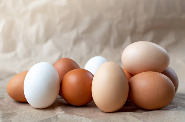복사 공간이있는 공예 용지 배경에 많은 다른 계란 - easter egg 뉴스 사진 이미지