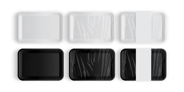 ilustrações de stock, clip art, desenhos animados e ícones de white and black tray packaging for food isolated on white background vector mock up - plastic tray