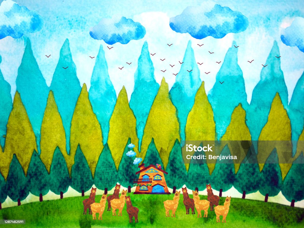 Funny Alpaca Family Country Farm Field Cottage House Home Watercolor  Painting Illustration Design Drawing Christmas Background Happy Stock  Illustration - Download Image Now - iStock