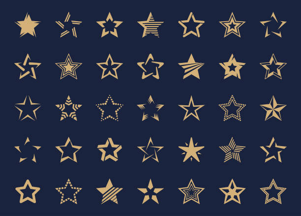 ilustraciones, imágenes clip art, dibujos animados e iconos de stock de conjunto de iconos de estrellas - forma de estrella ilustraciones
