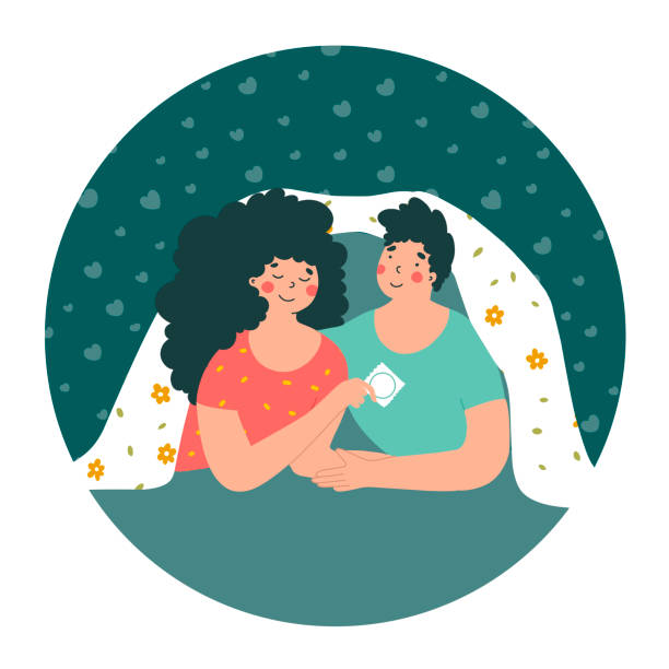 ilustraciones, imágenes clip art, dibujos animados e iconos de stock de pareja enamorada y condón en estilo de fantasía, ilustración vectorial plana. - hiv aids condom sex