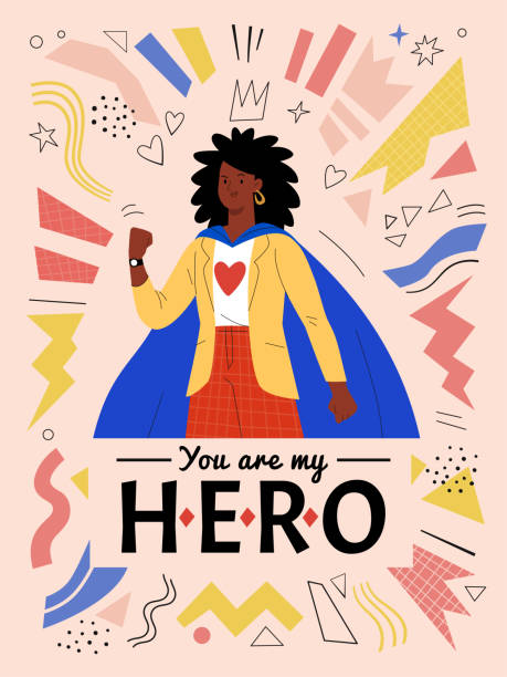 You are my hero. Vector illustration in modern flat style of an ordinary African American woman in casual clothes and blue cape. Isolated on abstract background powerful women stock illustrations