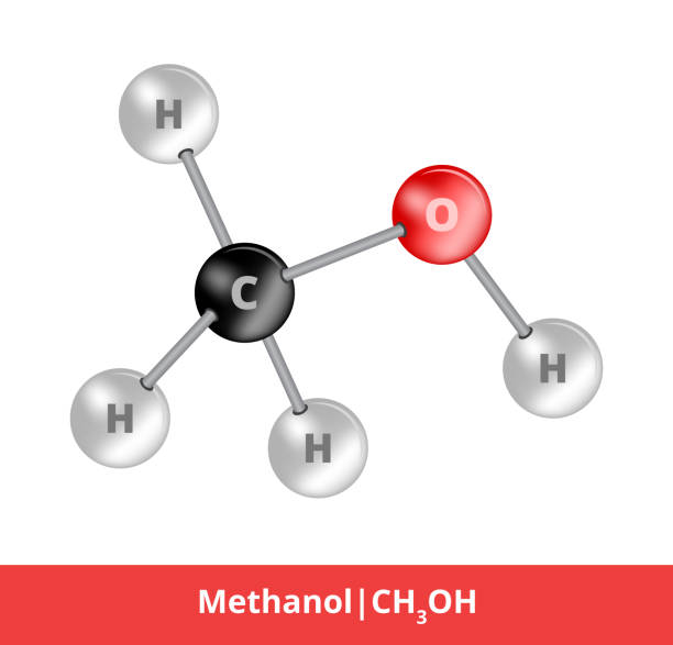 ilustraciones, imágenes clip art, dibujos animados e iconos de stock de modelo vectorial de bola y palo de sustancia alcohólica. icono de metanol o molécula de alcohol metilo que consiste en carbono, hidrógeno y oxígeno. fórmula estructural adecuada para la educación aislada en blanco. - hydrogen bond