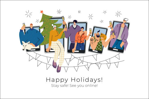 Young friends and colleagues celebrate Holidays together online. Vector illustration with trendy characters showing young friends and colleagues celebrating winter Holidays together online. Christmas and New Year party via Internet on the phone during lockdown. friends laughing stock illustrations
