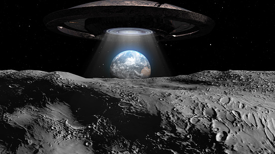3d rendering-Flying saucer ufo heading toward Earth from the moon