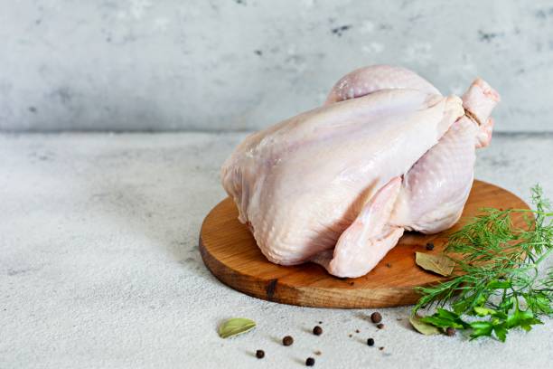 istock Raw chicken (carcass) ready for cooking on a cutting board on a gray background. 1287489786